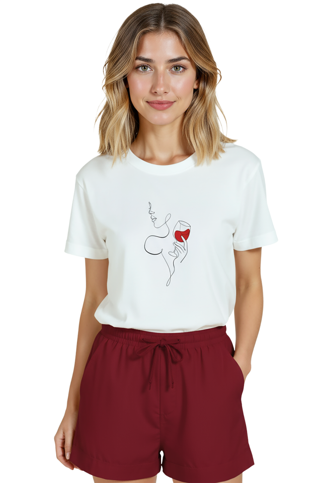 Kadın Beyaz Relaxed Fit %100 Pamuk Tişört – Tek Çizgi Elinde Şarap Kadehi Baskılı