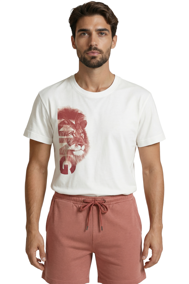 ''KING'' Yazılı ve Aslan Portresi Baskılı Sepia Tonlu Premium Erkek Tişört