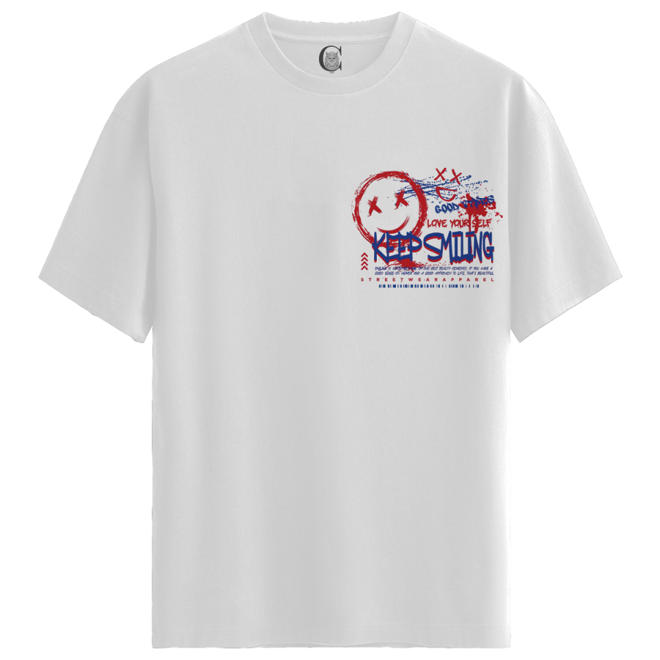 Keep Smiling - %100 Pamuklu Erkek Beyaz Tişört - Premium Quality