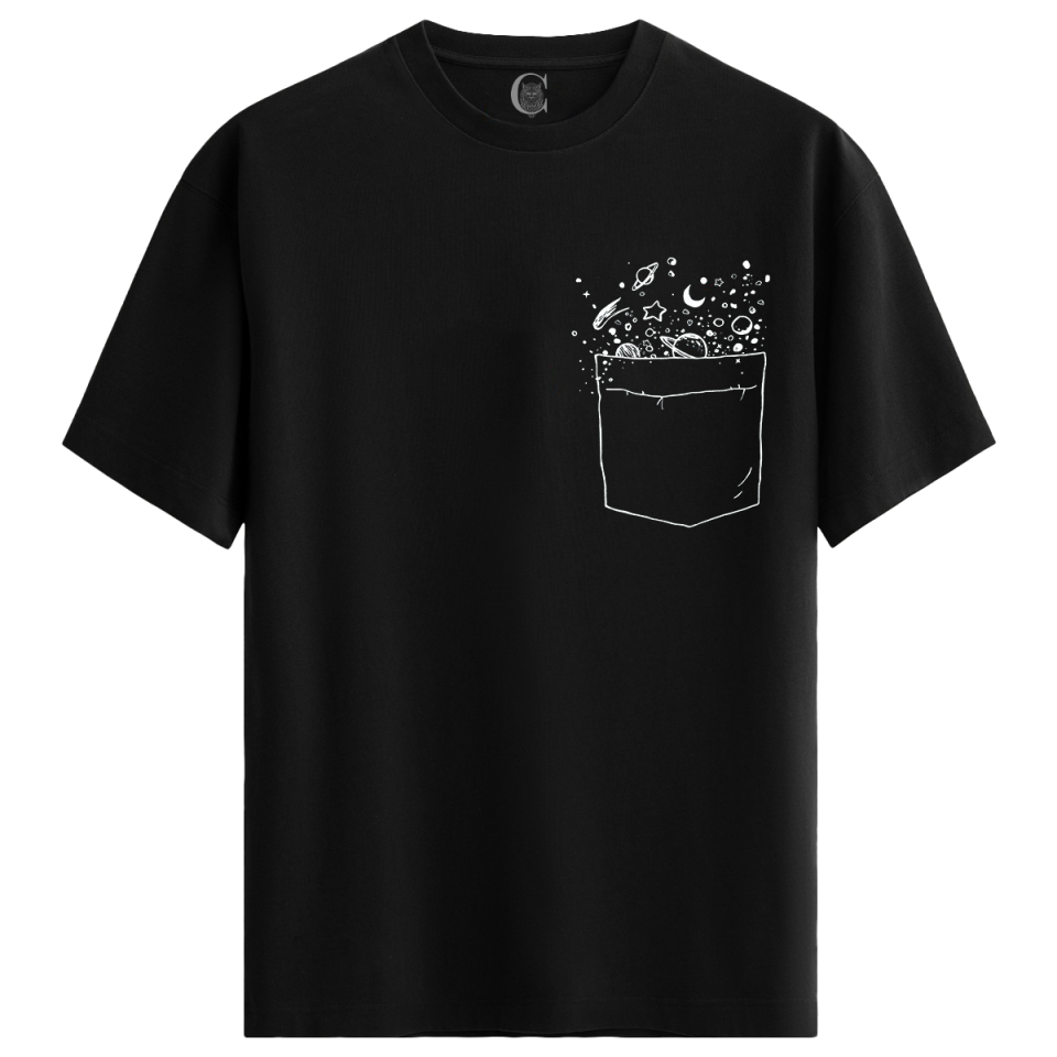 Galactic Pocket %100 Pamuklu Kadın Siyah Tişört - Premium Quality