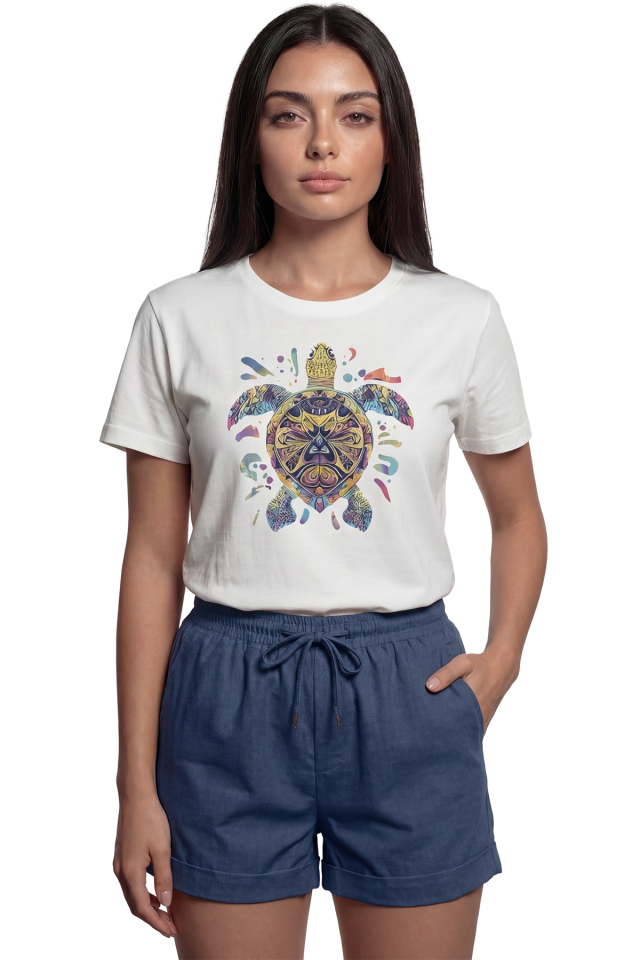 ''Renkli Deniz Kaplumbağası'' Sanatsal Baskılı %100 Pamuk Rahat Kesim Premium Kadın Tişört