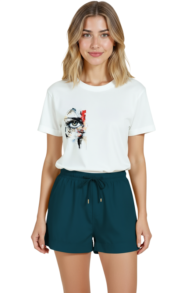 Kadın Beyaz Relaxed Fit %100 Pamuk Tişört – Soyut Göz & Karalama Baskılı