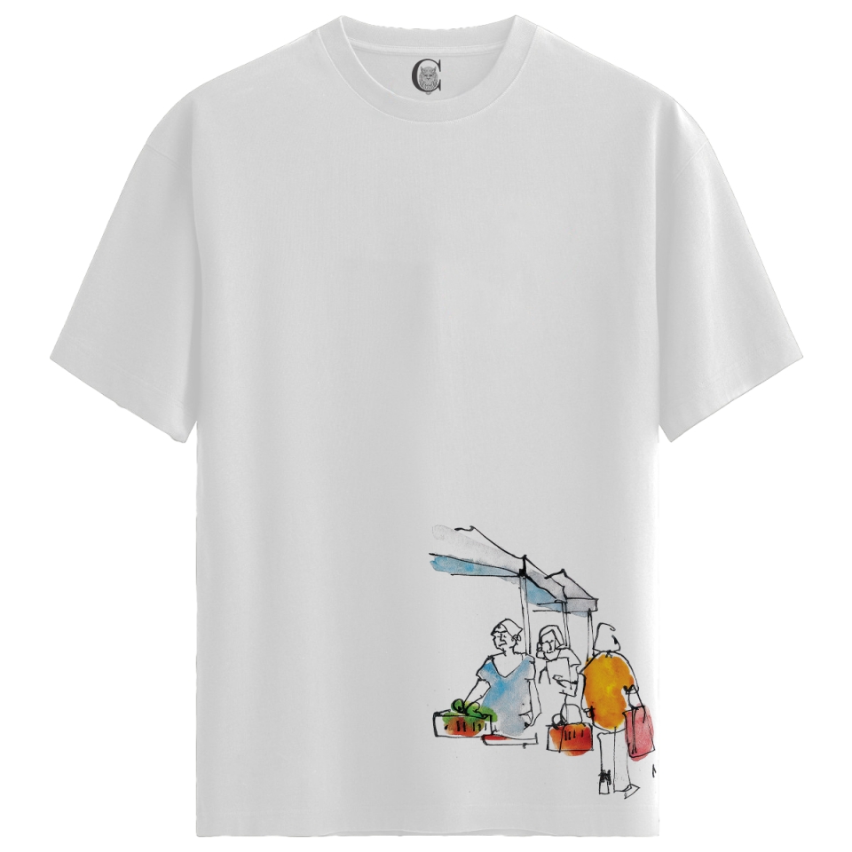 Market Scene - %100 Pamuklu Erkek Beyaz Tişört - Premium Quality