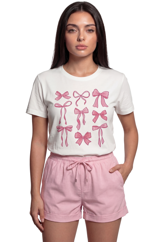 ''Pink Ribbons'' Pembe Fiyonk Desenli Baskılı %100 Pamuk Rahat Kesim Premium Kadın Tişört