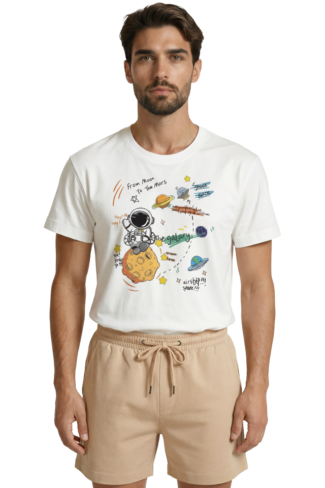 ''From Moon to Mars'' Astronot ve Galaksi Temalı Doodle Baskılı Premium Erkek Tişört