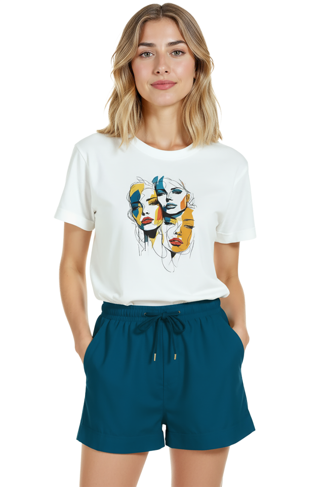 Kadın Beyaz Relaxed Fit %100 Pamuk Tişört – Soyut Çok Renkli Yüzler Baskılı