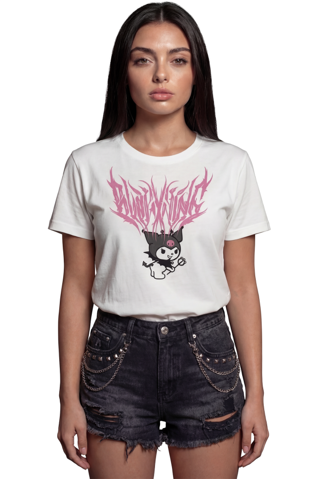 ''Gotik Kuromi'' Metal Temalı Baskılı %100 Pamuk Rahat Kesim Premium Kadın Tişört