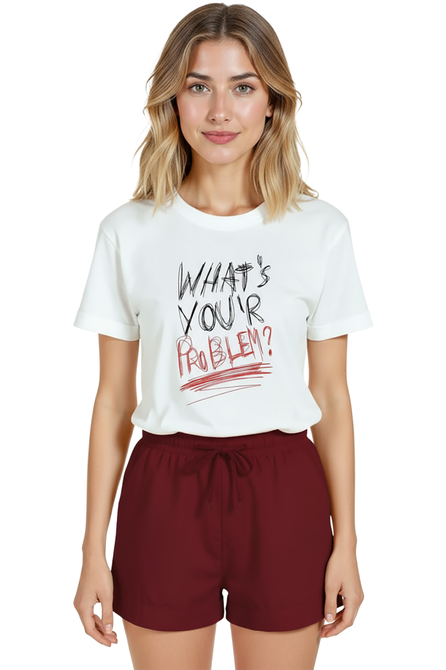 Kadın Beyaz Relaxed Fit %100 Pamuk Tişört – Tipografi ''What's Your Problem?'' Baskılı