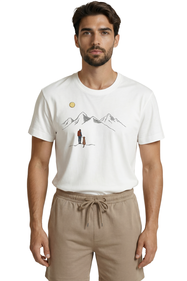 Gezgin ve Sadık Dostu Köpek Dağ Manzaralı Minimalist Tasarım Premium Erkek Tişört