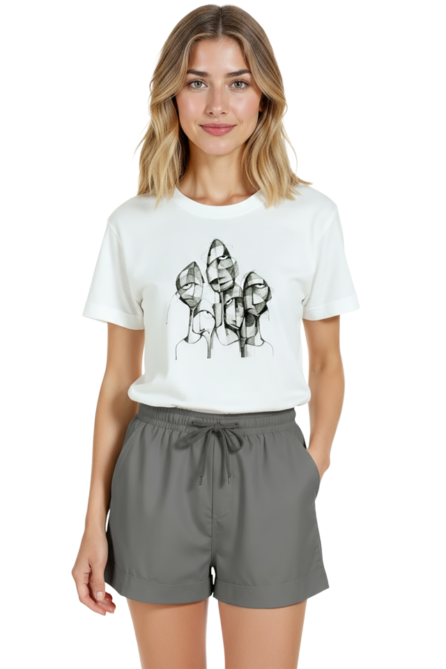 Kadın Beyaz Relaxed Fit %100 Pamuk Tişört – Monokrom Soyut Yüzler Baskılı