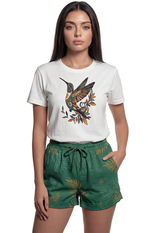 ''Renkli Sinek Kuşu'' Sanatsal Baskılı %100 Pamuk Rahat Kesim Premium Kadın Tişört