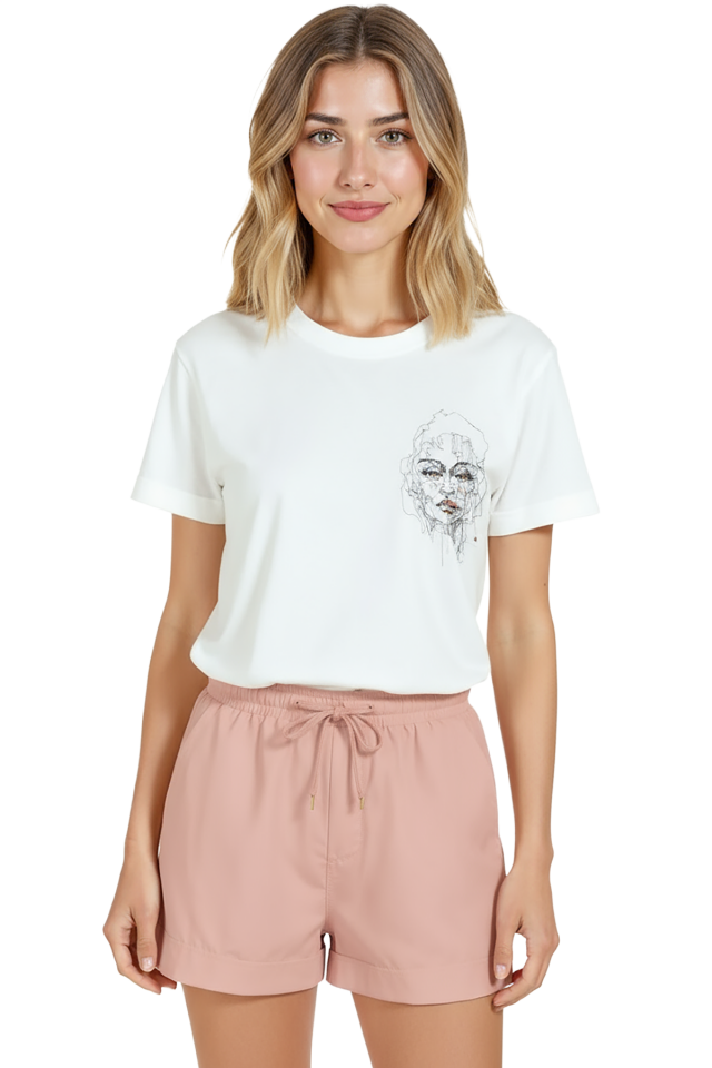 Kadın Beyaz Relaxed Fit %100 Pamuk Tişört – Tek Çizgi Yüz Minyatür Baskılı