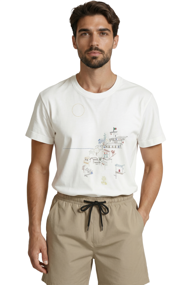 İtalyan Sahil Kasabası ve Manzarası Minimalist Çizgi Sanatı Baskılı Premium Erkek Tişört