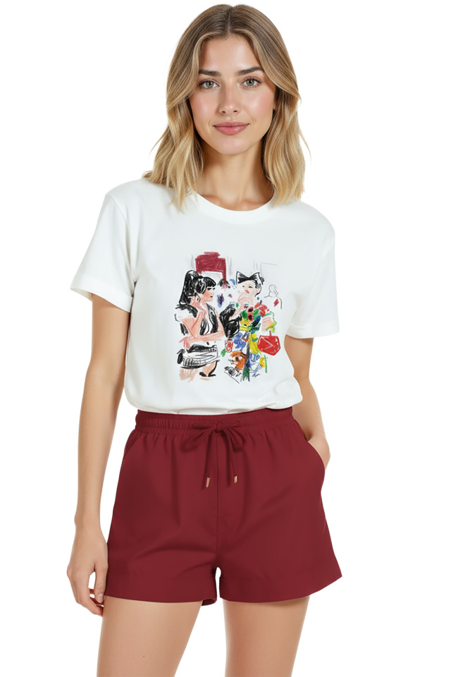 Kadın Beyaz Relaxed Fit %100 Pamuk Tişört – Renkli Sokak Karakterleri Baskılı