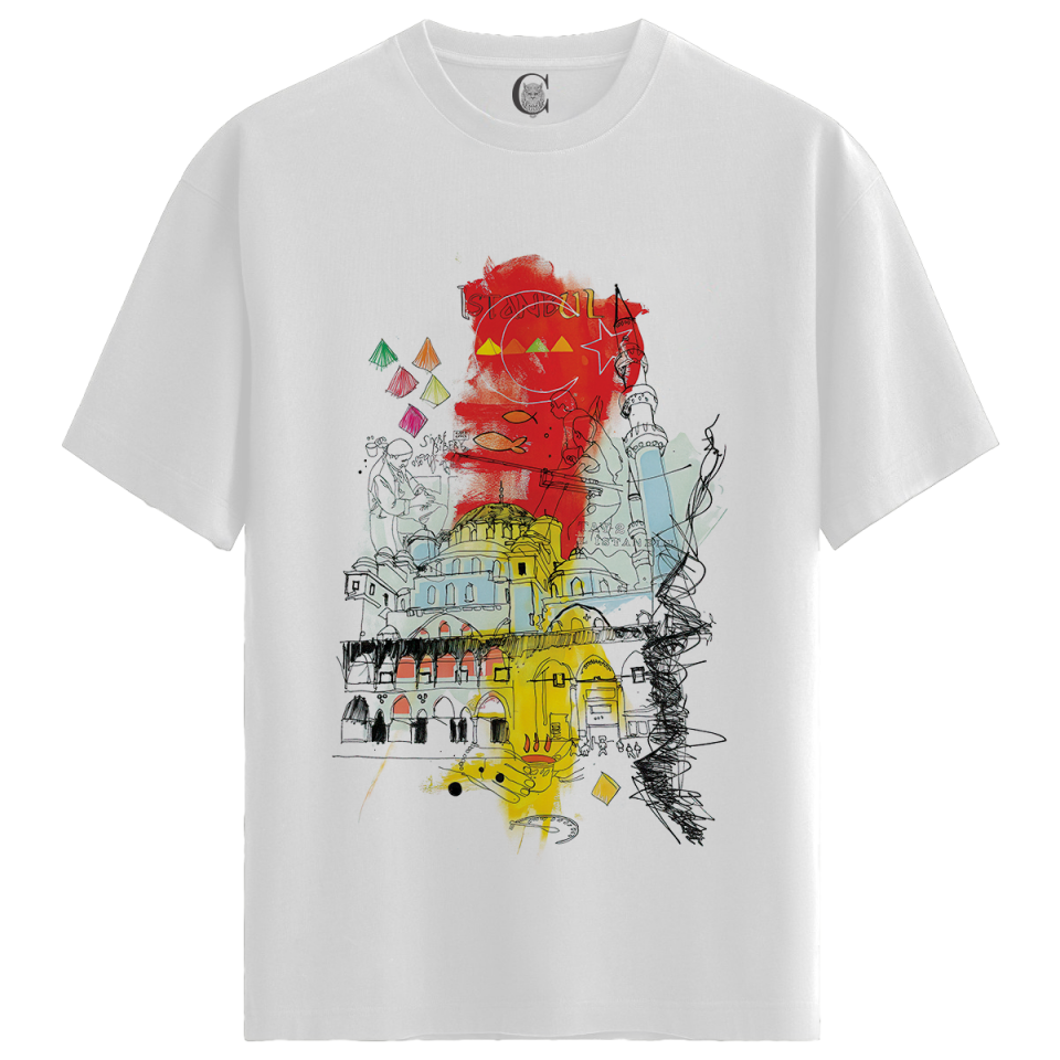 Istanbul Sketch - %100 Pamuklu Kadın Beyaz Tişört - Premium Quality