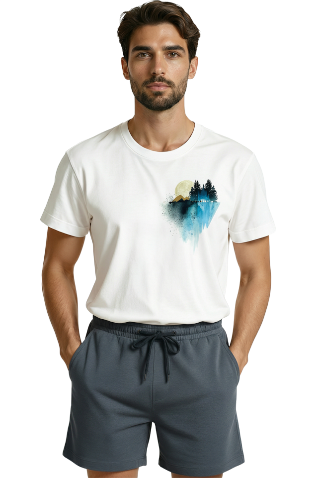 Dolunay ve Mavi Suluboya Orman Yansıması Baskılı Sanatsal Premium Erkek Tişört