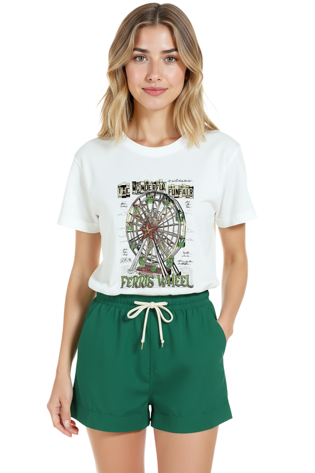 Kadın Beyaz Relaxed Fit %100 Pamuk Tişört – Suluboya Dönme Dolap Baskılı