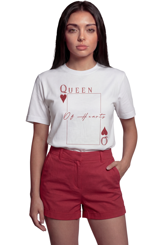 ''Queen of Hearts'' İskambil Temalı Baskılı %100 Pamuk Rahat Kesim Premium Kadın Tişört