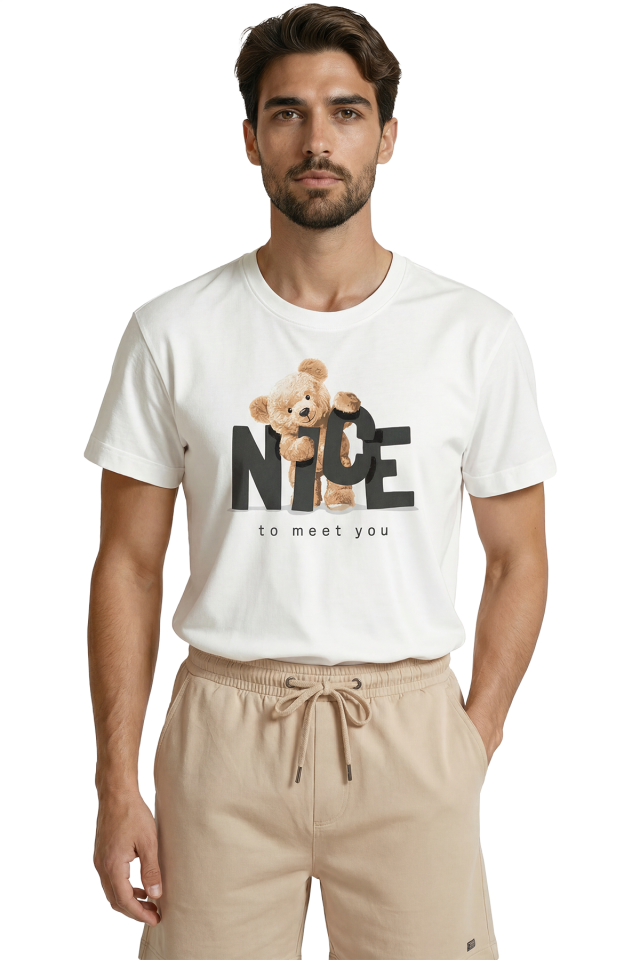 ''Nice To Meet You'' Yazılı ve Sevimli Peluş Ayıcık Baskılı Premium Erkek Tişört