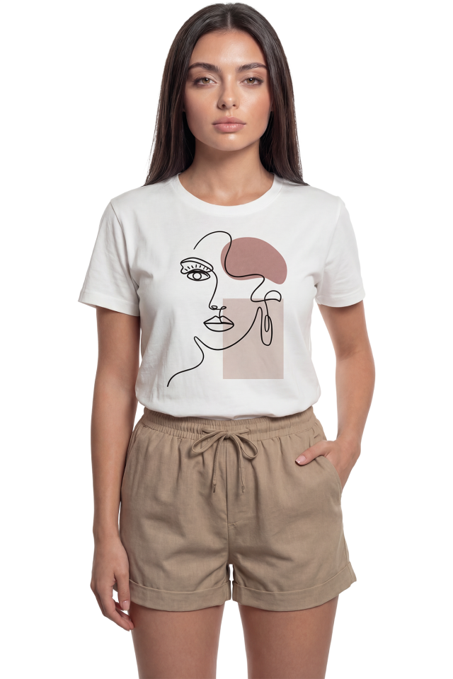 ''Abstract Face'' Minimalist Sanatsal Baskılı %100 Pamuk Rahat Kesim Premium Kadın Tişört