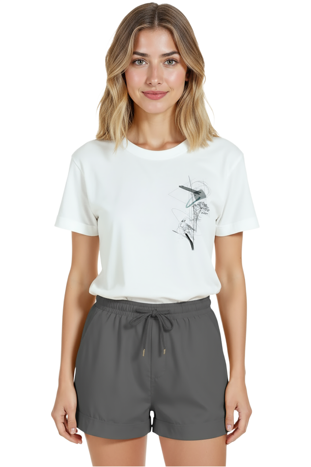 Kadın Beyaz Relaxed Fit %100 Pamuk Tişört – İnce Mürekkep & Minimal Soyut Grafik Baskılı