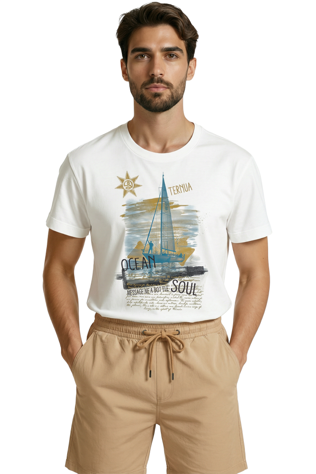 ''Ocean Soul'' Yazılı ve Yelkenli Tekne Temalı Denizci Tasarım Premium Erkek Tişört