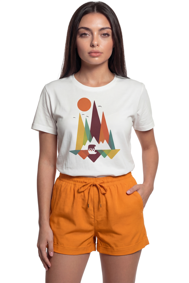 ''Geometric Nature'' Dağ ve Ayı Manzaralı Baskılı %100 Pamuk Rahat Kesim Premium Kadın Tişört