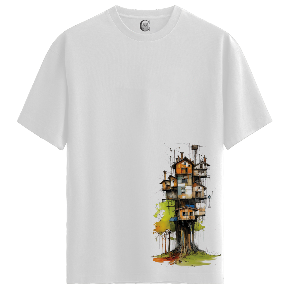 Treehouse City - %100 Pamuklu Kadın Beyaz Tişört - Premium Quality