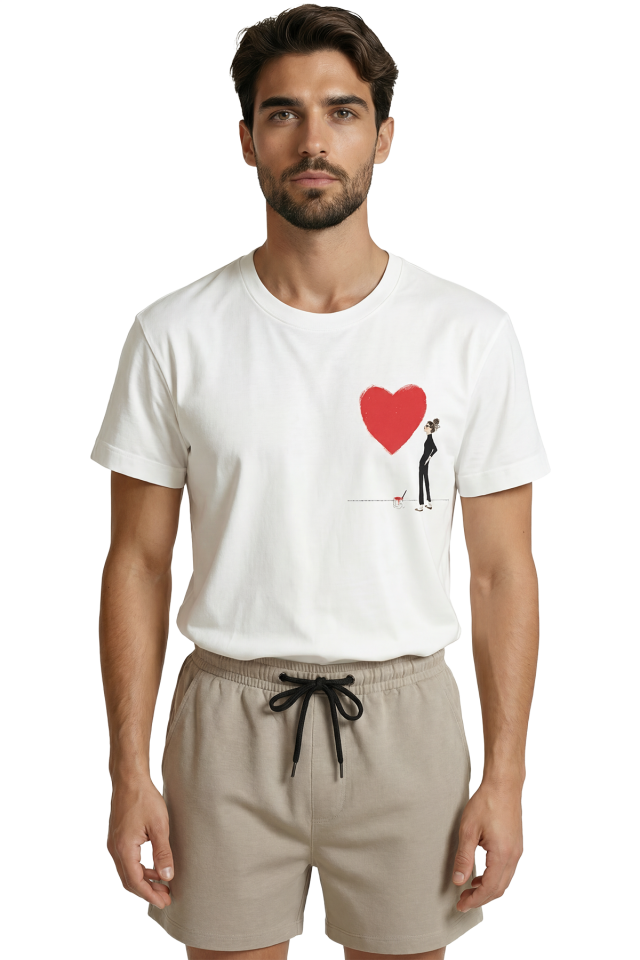 Sanatsal Kırmızı Kalp Çizen Figür Minimalist Baskılı Premium Erkek Tişört