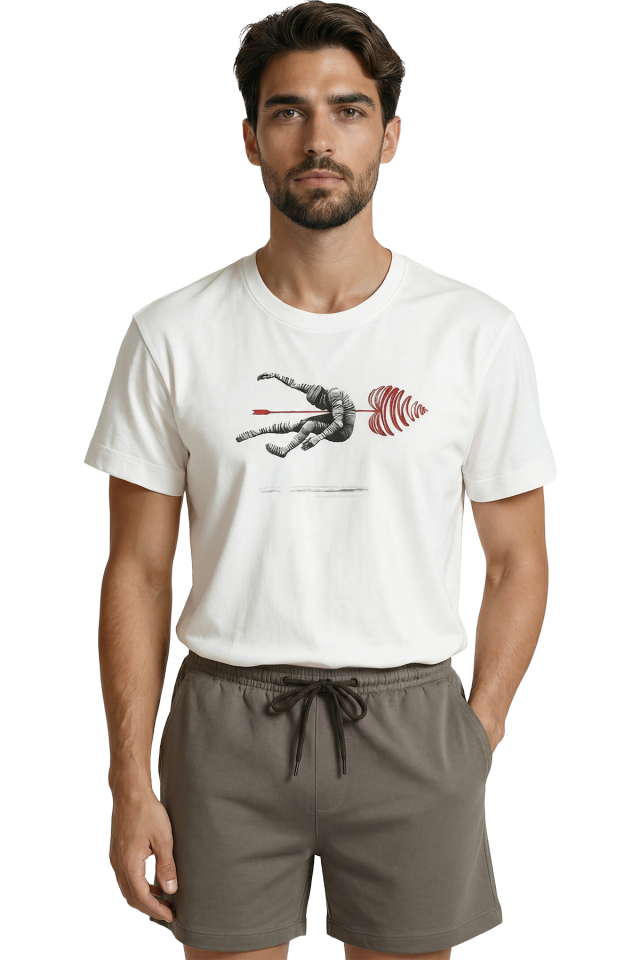 Sürrealist Ok ile Vurulan Figür ve Kırmızı Spiral Sanatsal Baskılı Premium Erkek Tişört