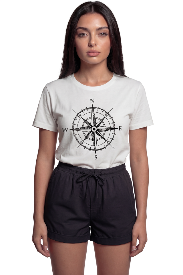 ''Pusula Gülü'' Seyahat Temalı Baskılı %100 Pamuk Rahat Kesim Premium Kadın Tişört