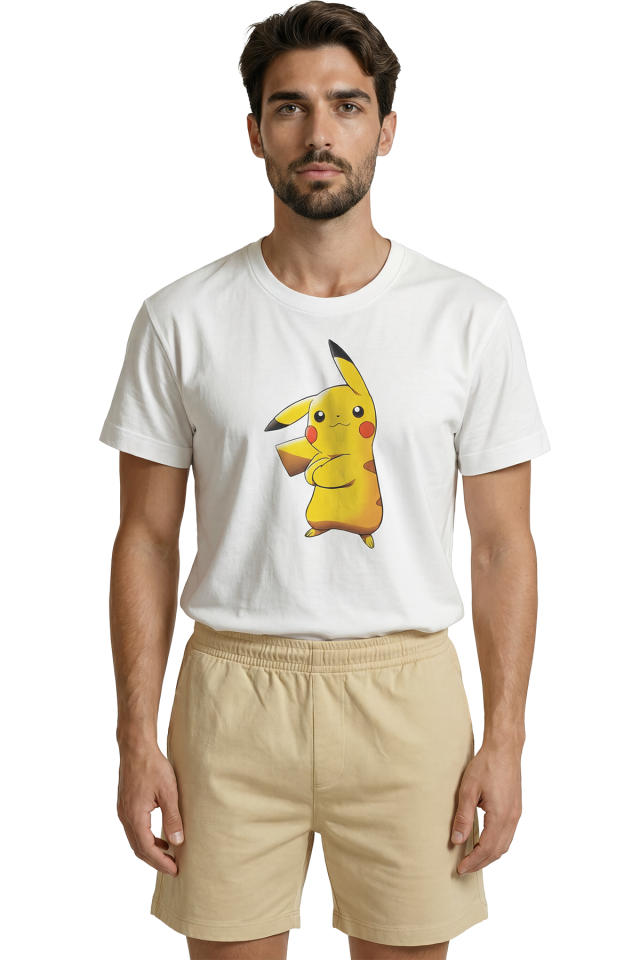 Kolları Bağlı Havalı Pikachu Baskılı Anime Temalı Premium Erkek Tişört