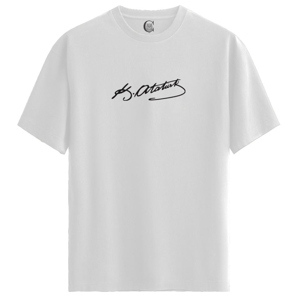 K. Atatürk İmza - %100 Pamuklu Erkek Beyaz Tişört - Premium Quality