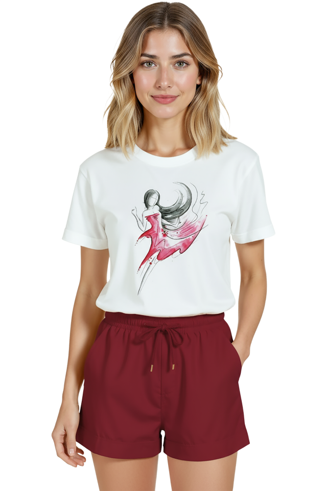 Kadın Beyaz Relaxed Fit %100 Pamuk Tişört – Suluboya Dansçı ve Kırmızı Elbise Baskılı