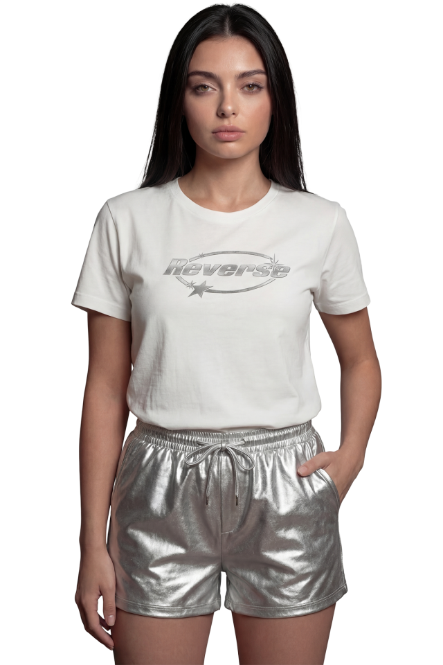 ''Reverse'' Y2K Metalik Yazı Baskılı %100 Pamuk Rahat Kesim Premium Kadın Tişört
