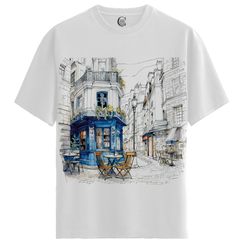 Parisian Cafe - %100 Pamuklu Erkek Beyaz Tişört - Premium Quality
