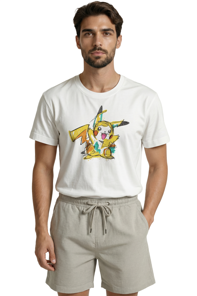 Neşeli Pikachu Eskiz ve Karalama Sanatı Baskılı Premium Erkek Tişört