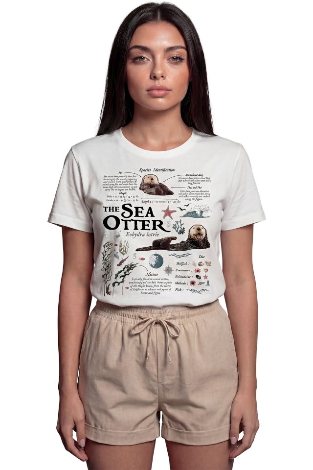 ''The Sea Otter'' Bilimsel İllüstrasyon Baskılı %100 Pamuk Rahat Kesim Premium Kadın Tişört
