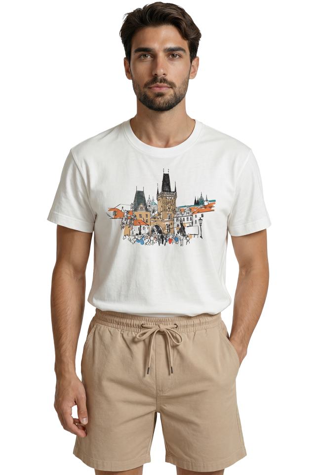 Prag Şehir Manzarası ve Tarihi Kule Eskiz Baskılı Premium Erkek Tişört