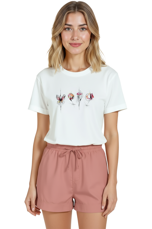 Kadın Beyaz Relaxed Fit %100 Pamuk Tişört – Suluboya Kelebek & Çiçek Sıralı Baskılı