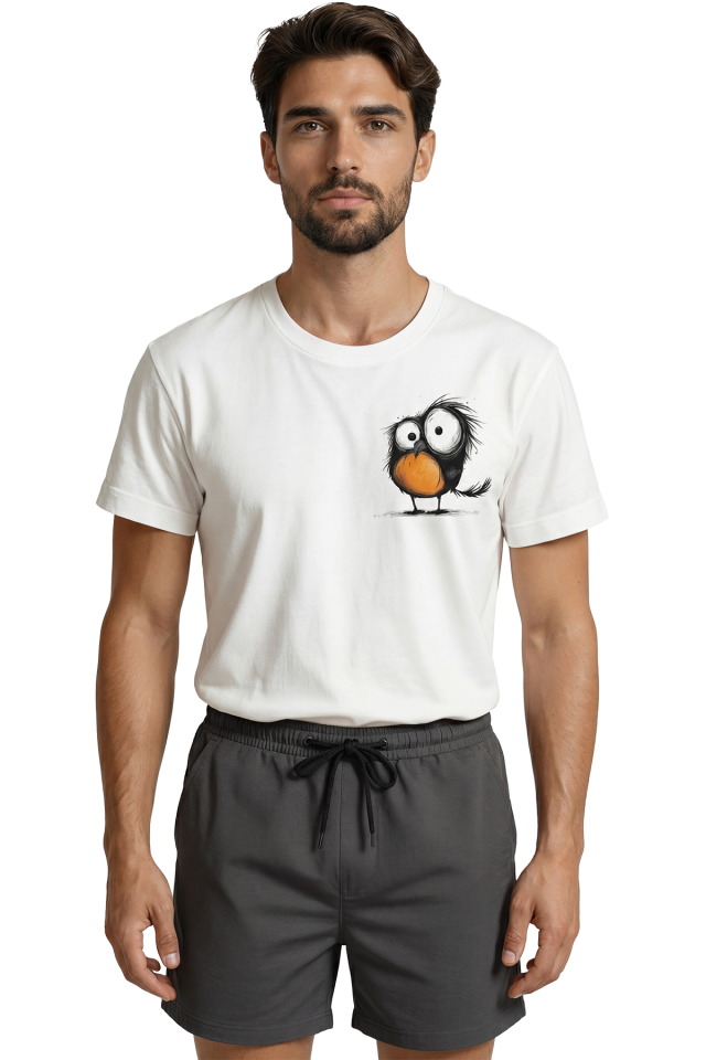 Kocaman Gözlü ve Şaşkın İfadeli Çılgın Kuş Baskılı Eğlenceli Premium Erkek Tişört