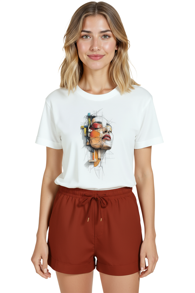 Kadın Beyaz Relaxed Fit %100 Pamuk Tişört – Soyut Çizgisel Portre & Renkli Geometri Baskılı