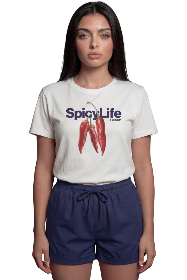 ''Spicy Life'' Biber İllüstrasyonlu Baskılı %100 Pamuk Rahat Kesim Premium Kadın Tişört