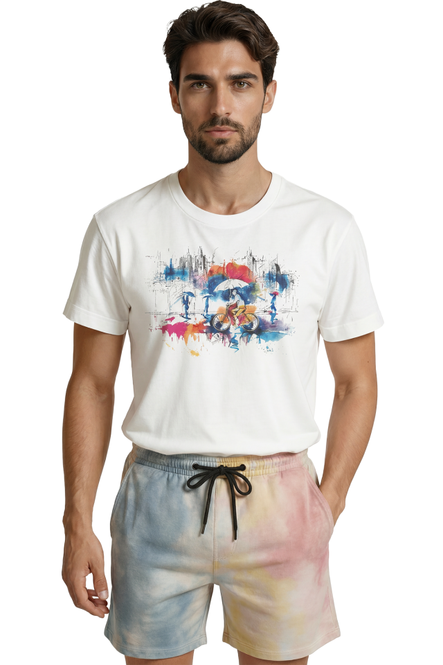 ''Rainy Ride'' Yağmurda Bisiklet ve Şehir Temalı Sulu Boya Baskılı Premium Erkek Tişört