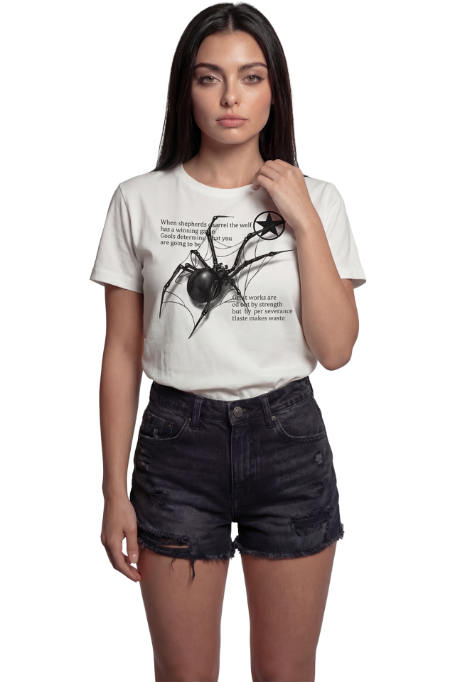 ''Black Widow'' Kara Dul Örümcek Baskılı %100 Pamuk Rahat Kesim Premium Kadın Tişört