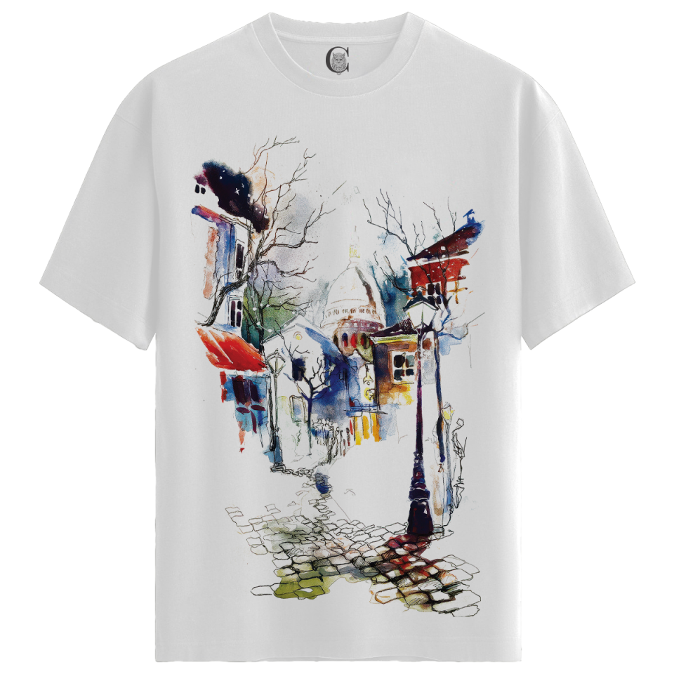 Parisian Nightscape - %100 Pamuklu Erkek Beyaz Tişört - Premium Quality