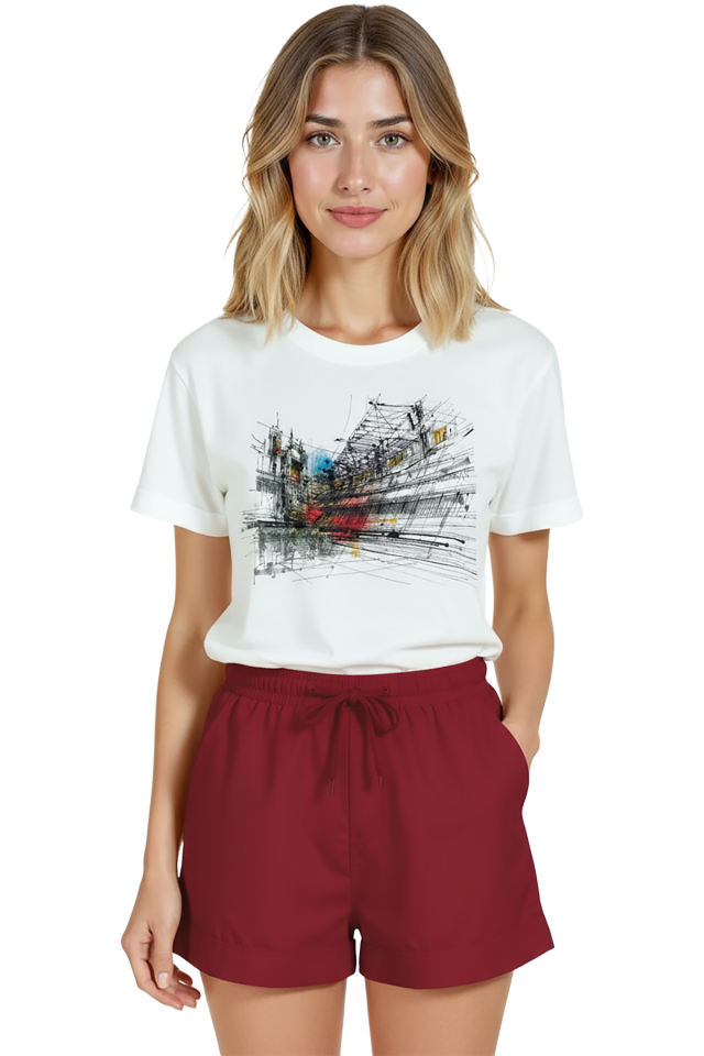 Kadın Beyaz Relaxed Fit %100 Pamuk Tişört – Şehir Manzarası & Mimari Eskiz Baskılı