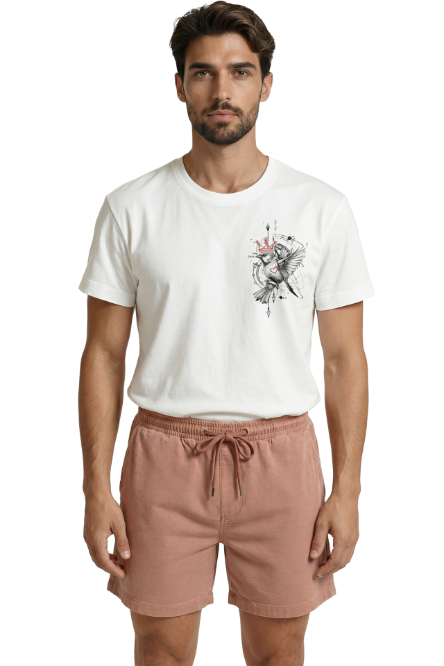 Taçlı ve Kalpli Serçe Kuşu Minimalist Eskiz Baskılı Premium Erkek Tişört