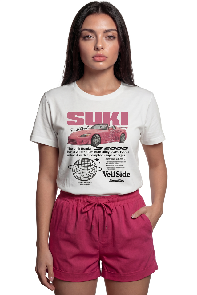 ''Suki S2000'' Pembe Spor Araba Baskılı %100 Pamuk Rahat Kesim Premium Kadın Tişört