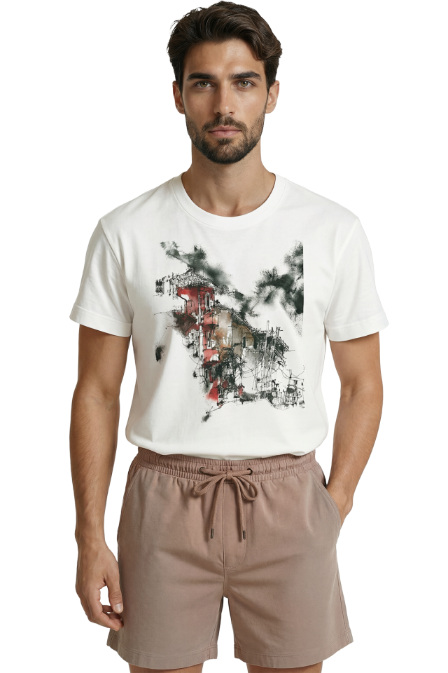 ''Ruined City'' Temalı Soyut Şehir Manzarası ve Eskiz Baskılı Premium Erkek Tişört